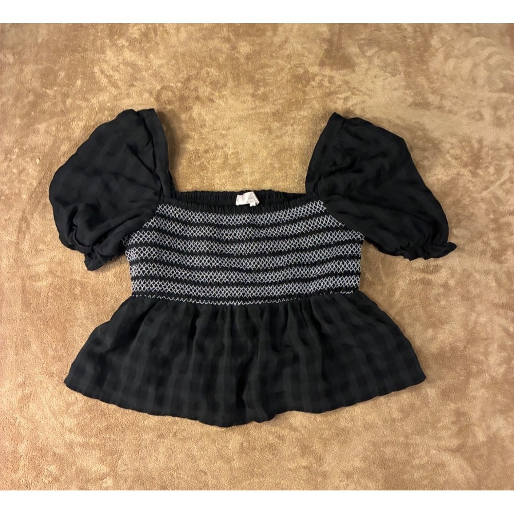 Women Top XL Black Gingham Smocked Peplum Puff Sleeve Blouse Goth Cottagecore